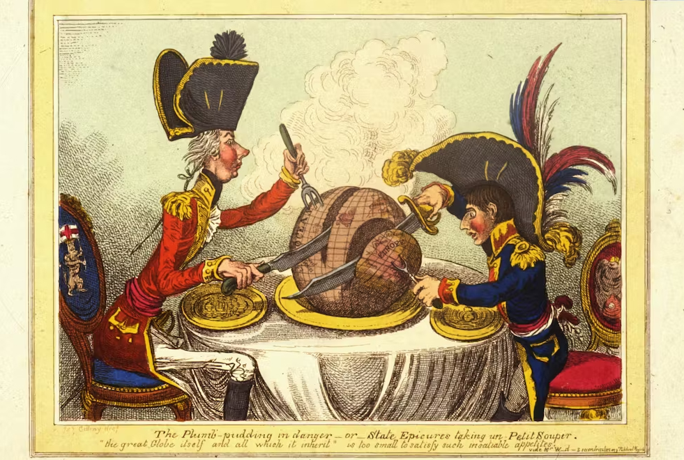 Satirical cartoon by James Gillray published in 1805, showing British Prime Minister William Pitt and the French leader Napoleon Bonaparte seated at a table and carving up the world between them