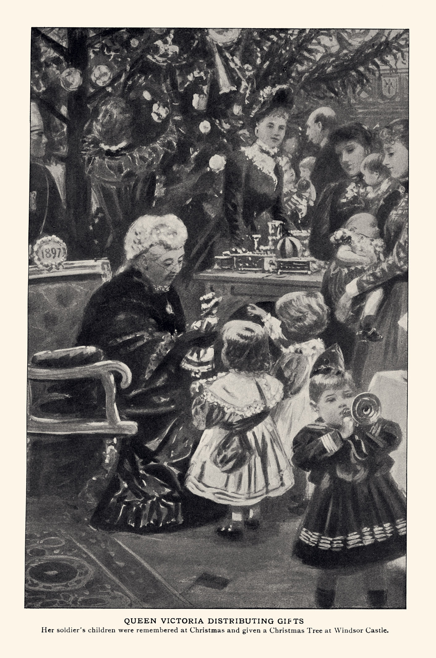 Black and white image of Queen Victoria distributing gifts at Windsor Castle