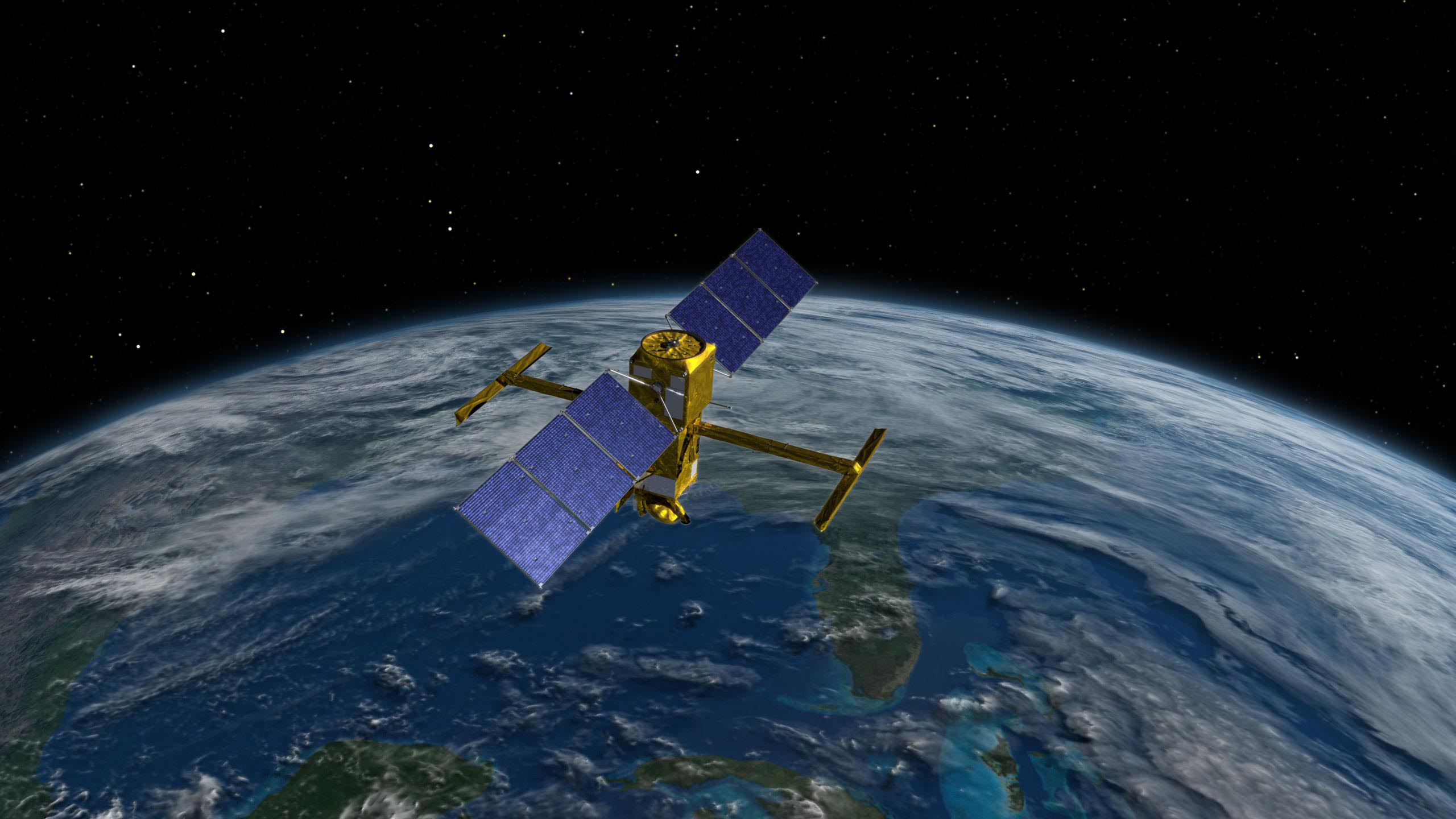 Illustration of the Surface Water Ocean Topography (SWOT) satellite deployed high above Earth