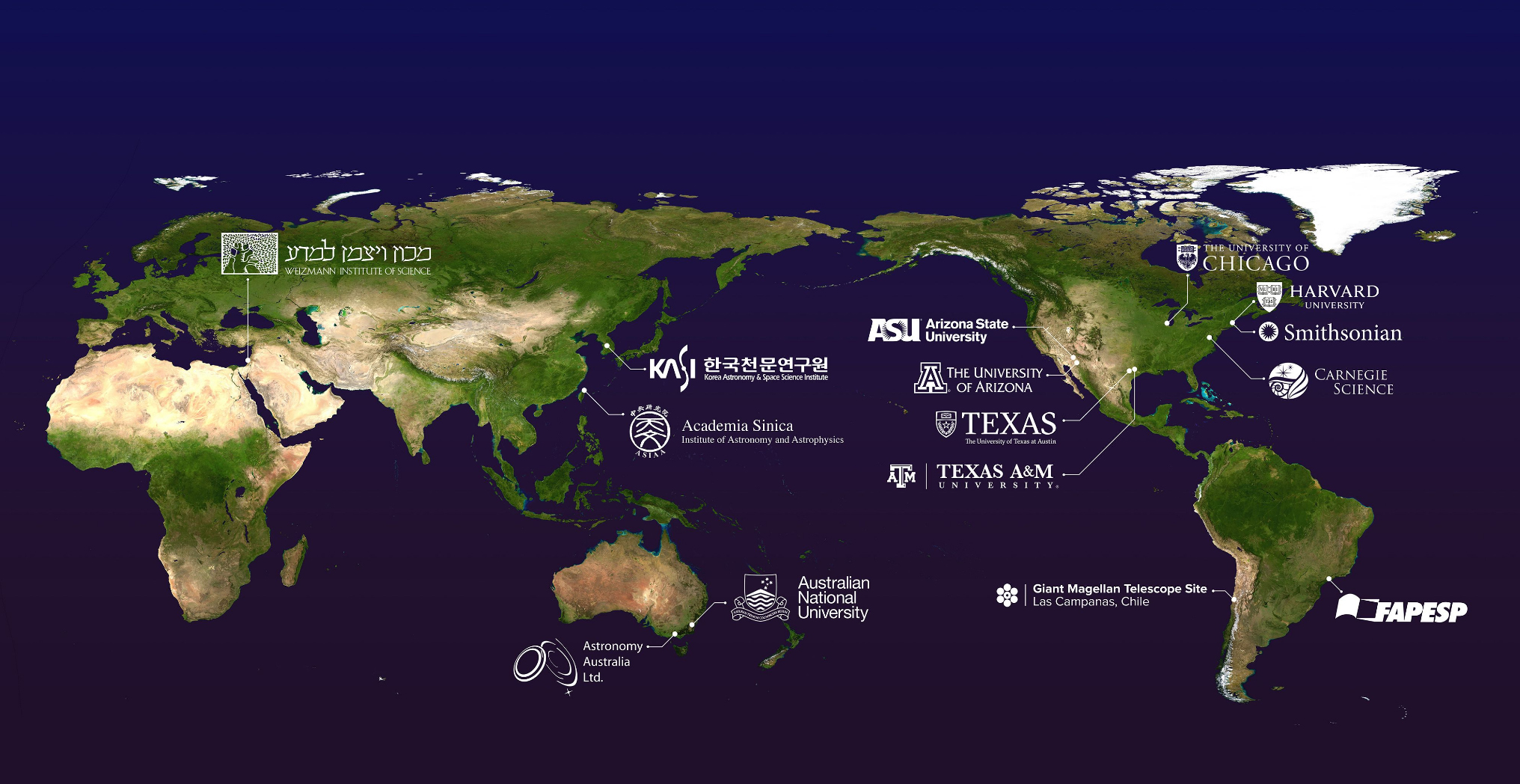 World map of the Giant Magellan Telescope international consortium showing locations and names of all 14 partners in the project