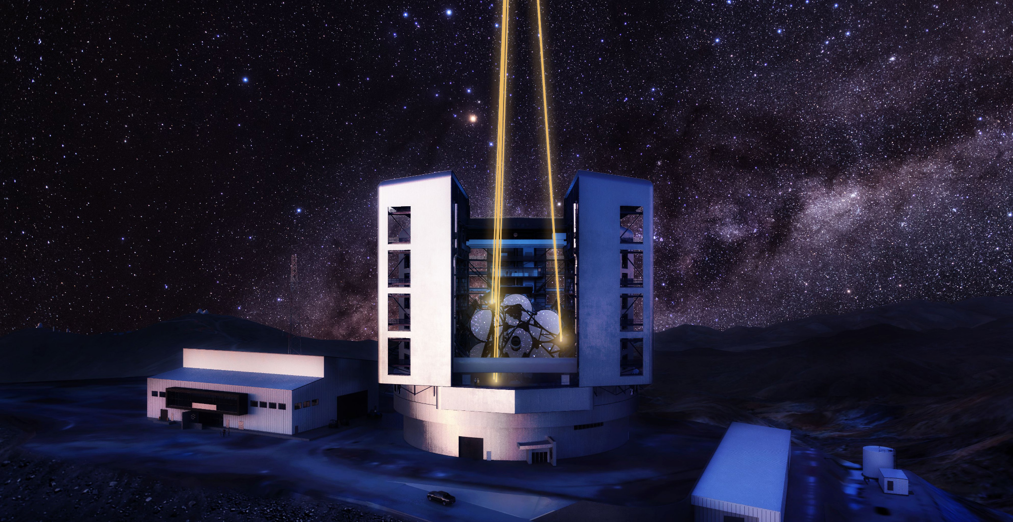 Nighttime exterior Giant Magellan Telescope rendering with support site buildings in the foreground at Las Campanas Observatory in Chile’s Atacama Desert