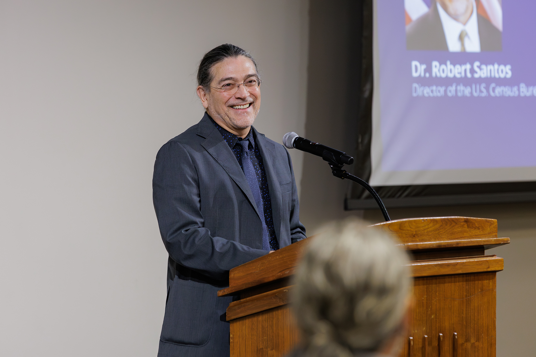 U.S. Census Bureau Director Robert Santos speaks to an audience in the Memorial Student Center on the Texas A&M University campus