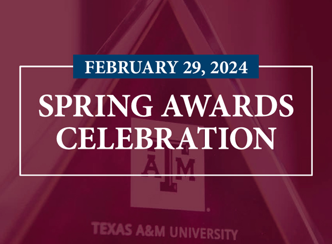 Composite image of an acrylic College of Arts and Sciences award with a maroon overlay and the words "Spring Awards Ceremony" in white with the date of "February 29, 2024" in white within a blue rectangular box at the top of the image