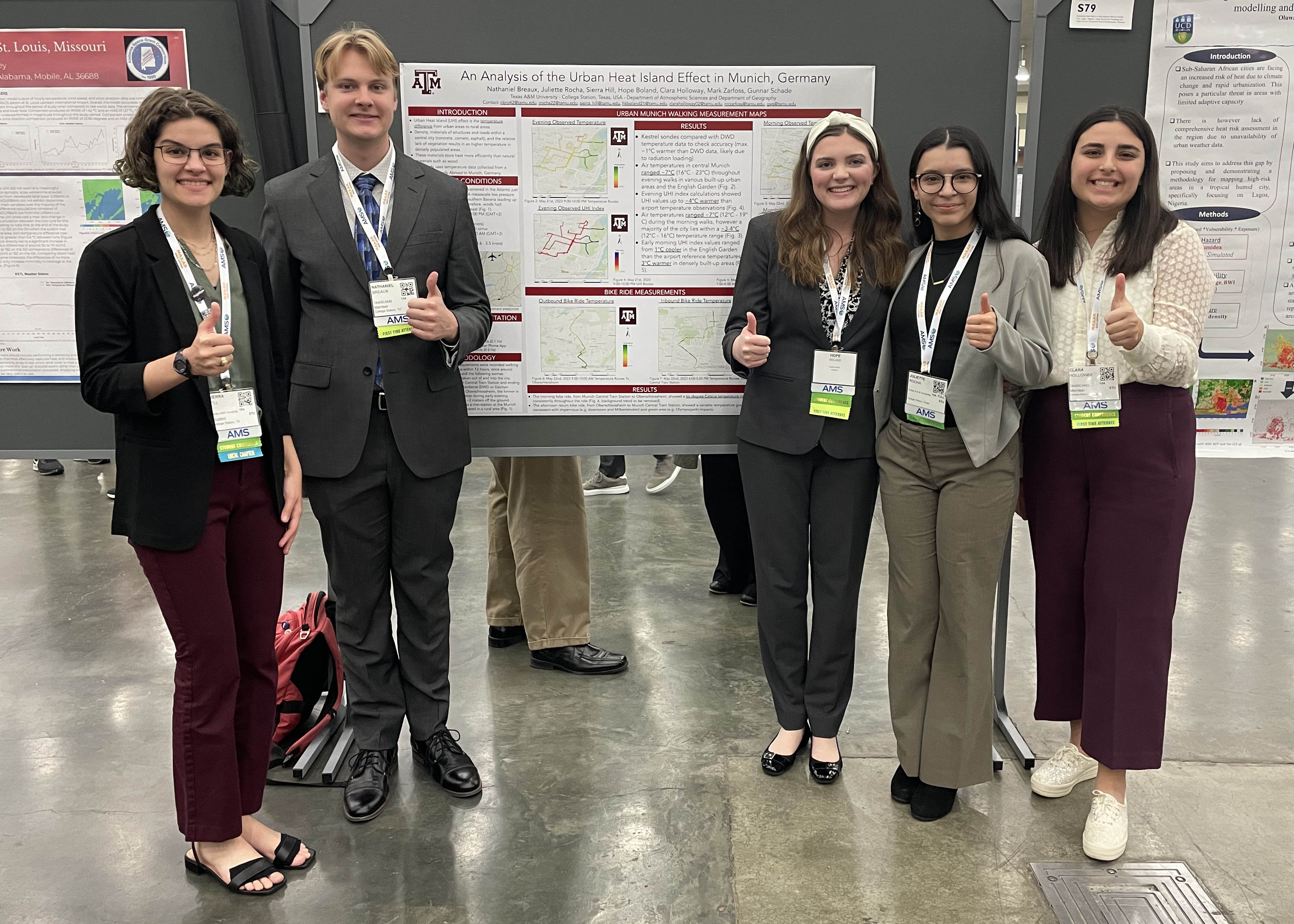 Group photo of Texas A&amp;M University undergraduate meteorology students and their award-winning poster at the 23rd Annual Student Conference for the American Meteorology Society