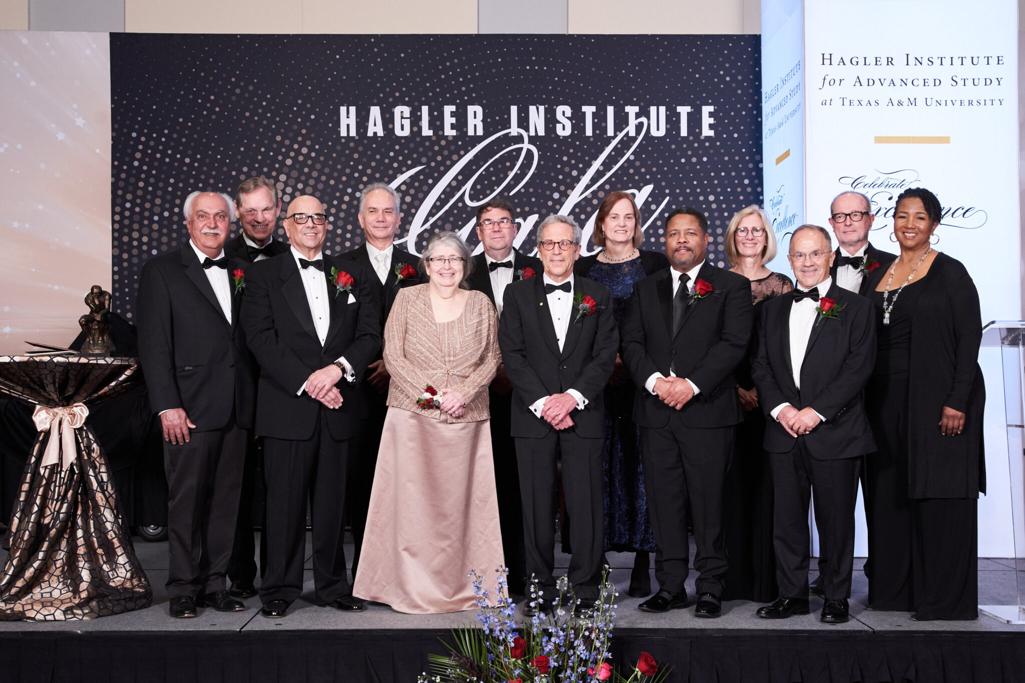 Group photo of the 2023-24 class of Hagler Institute for Advanced Study Fellows at the annual gala, held March 1, 2024