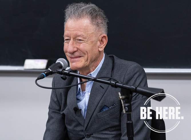 1979 Texas A&amp;M University graduate Lyle Lovett smiles while speaking to a class at Texas A&amp;M on Feb. 12, 2024