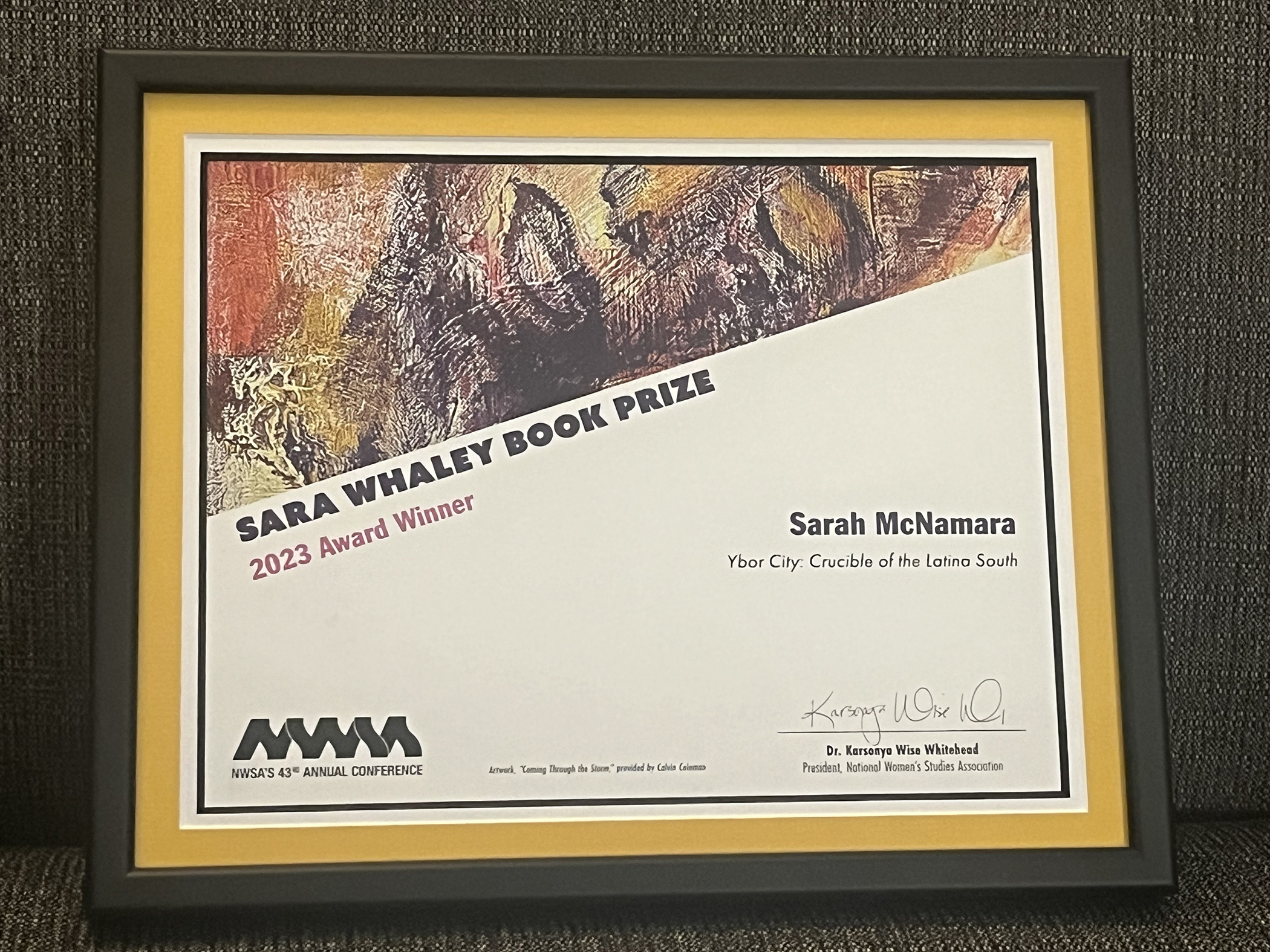 Image of Texas A&amp;M University history professor Sarah McNamara's certificate acknowledging her 2023 Sara A. Whaley Book Prize from the National Women’s Studies Association in recognition of her book, "Ybor City: Crucible of the Latina South"