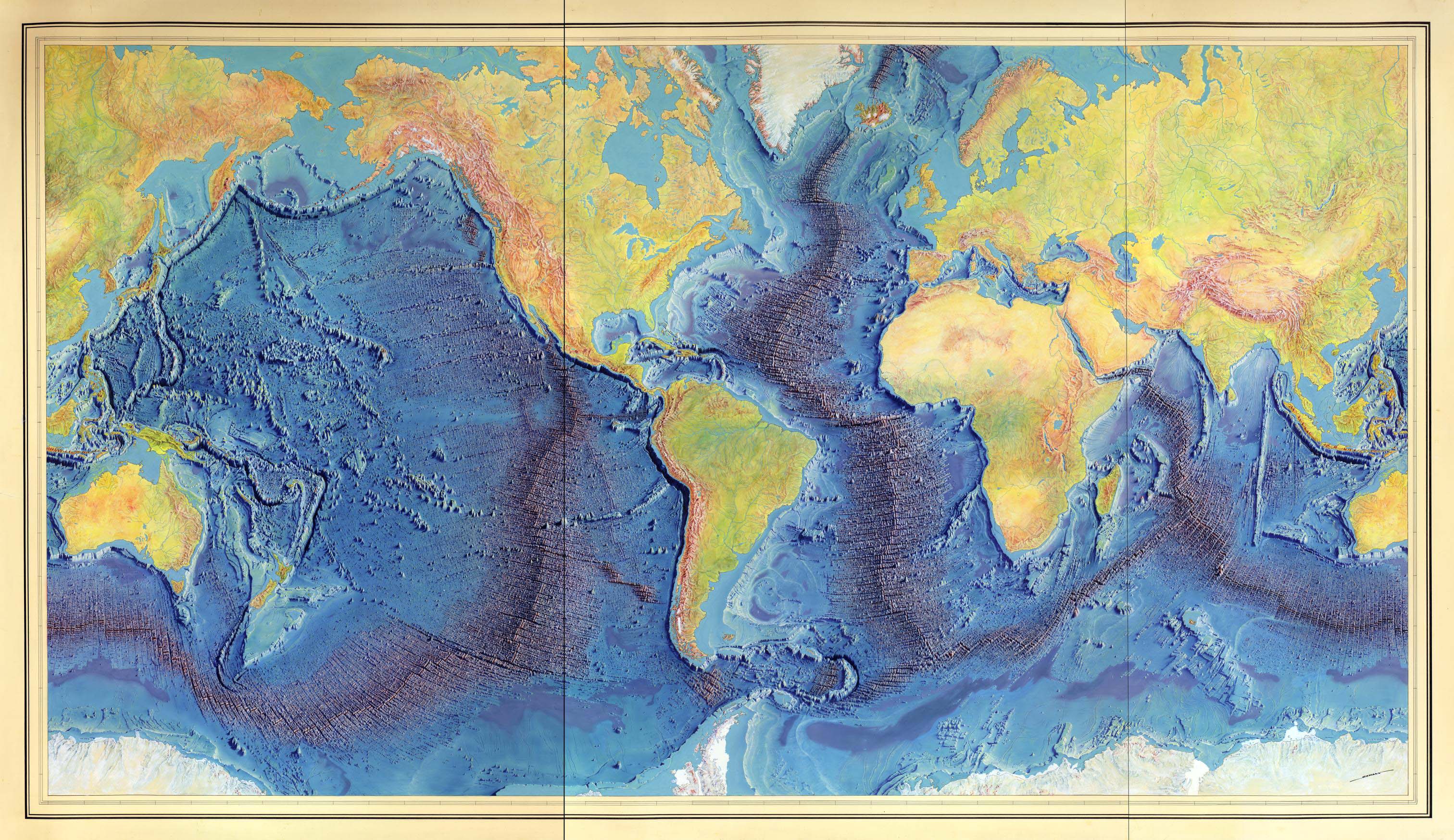 Image of a manuscript painting of the 1977 World Ocean Floor Panorama by Marie Tharp and Bruce Heezen