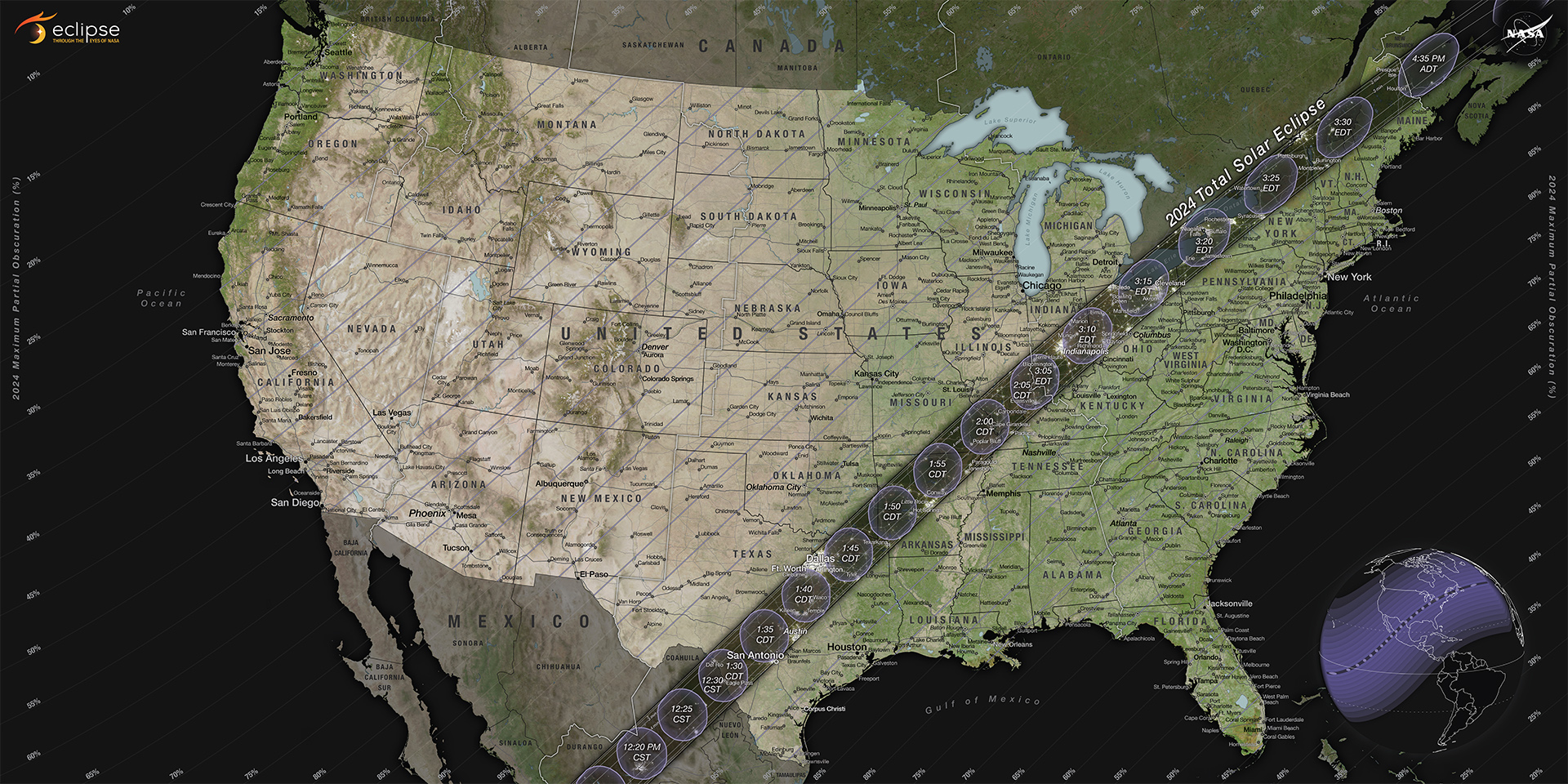 Map showing the expected path of totality and partial contours crossing the U.S. for the 2024 total solar eclipse occurring on April 8, 2024
