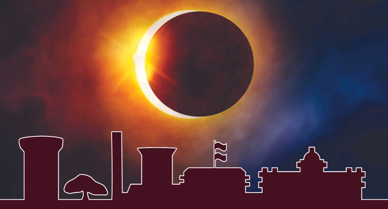 Composite image of a total solar eclipse positioned over a line art drawing depicting some of the primary buildings that appear in the skyline of the Texas A&M University campus