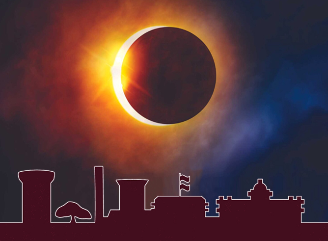 Composite image of a total solar eclipse positioned over a line art drawing depicting some of the primary buildings that appear in the skyline of the Texas A&amp;M University campus