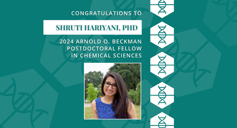 Graphic promoting Shruti Hariyana as a 2024 Arnold O. Beckman Postdoctoral Fellow