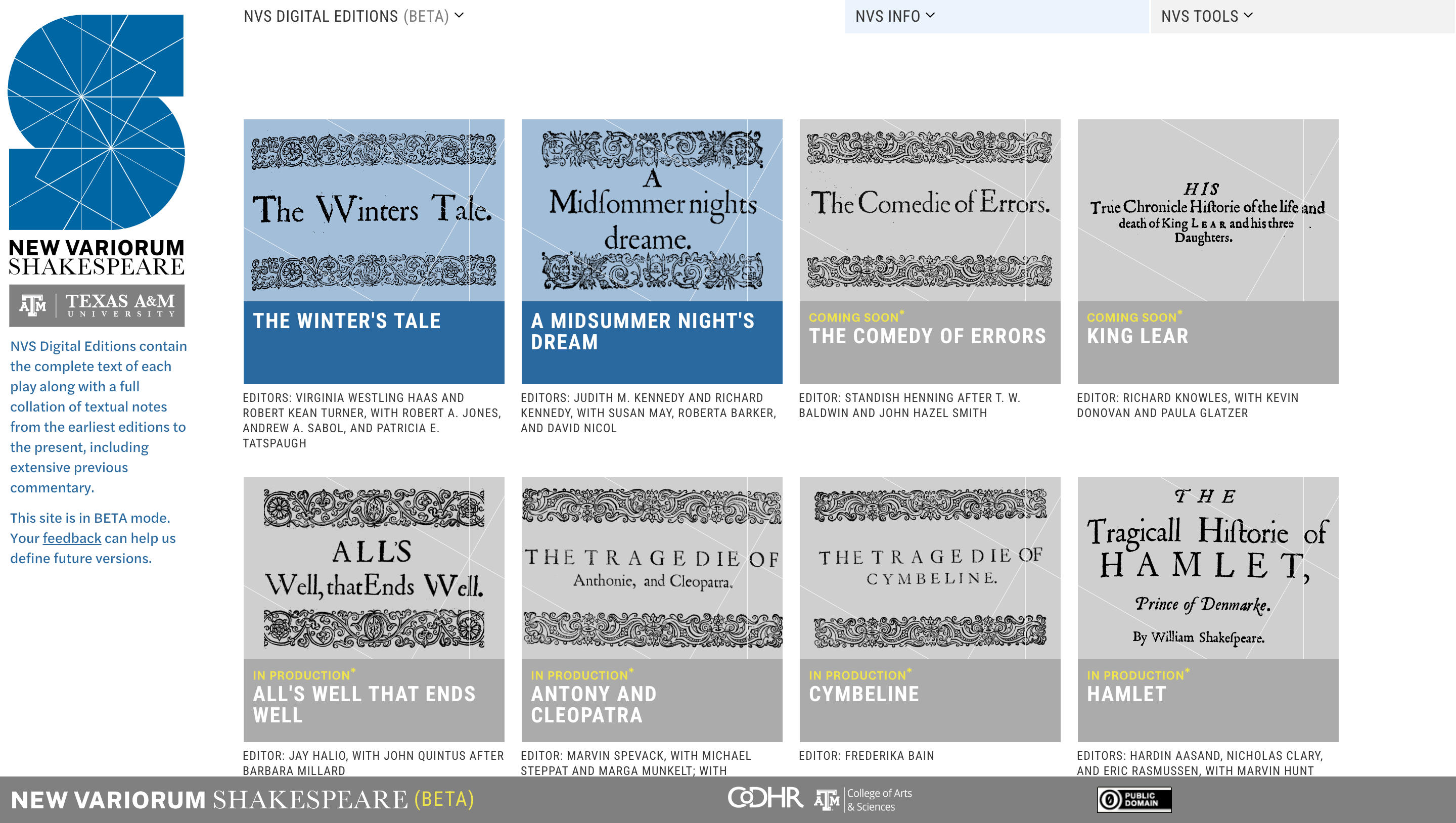 Screen shot of the New Variorum Shakespeare website housed at Texas A&amp;M University
