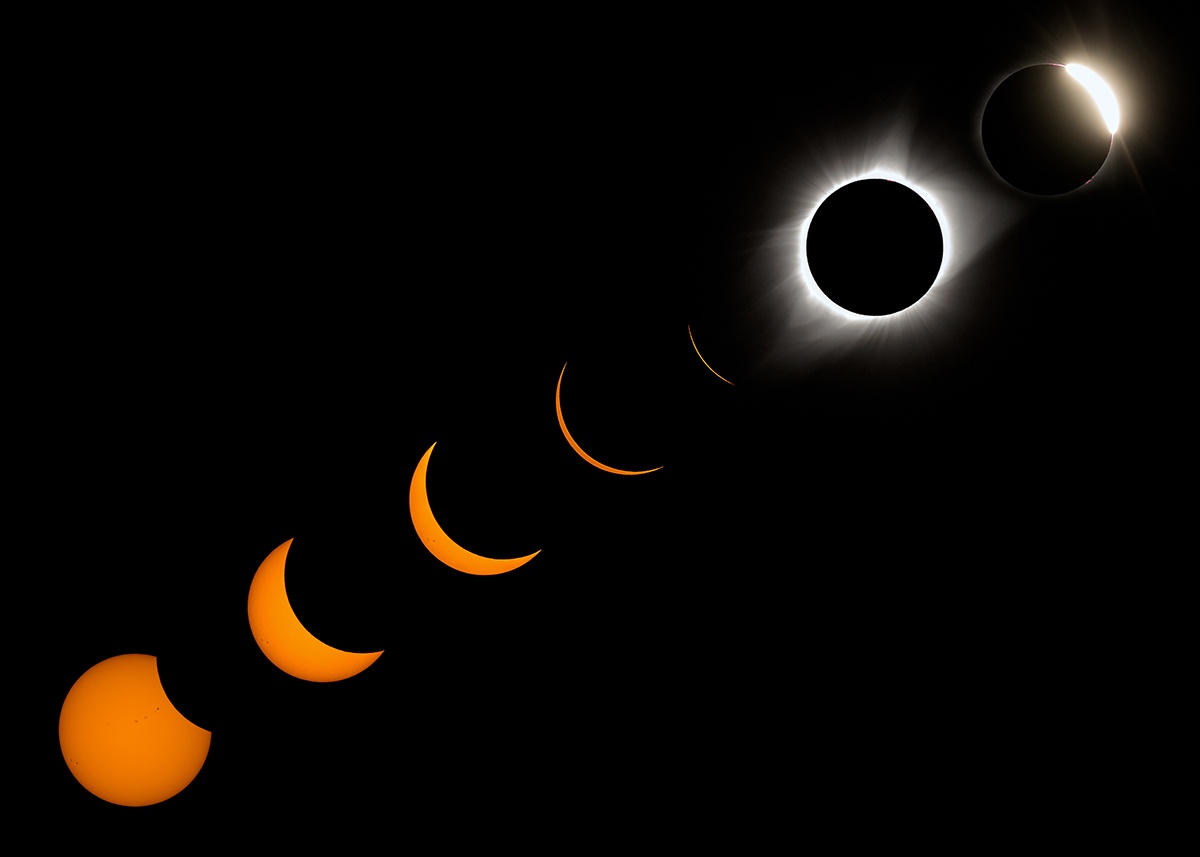 A  photo collage shows various stages of the 2017 total solar eclipse as it enters and exits totality