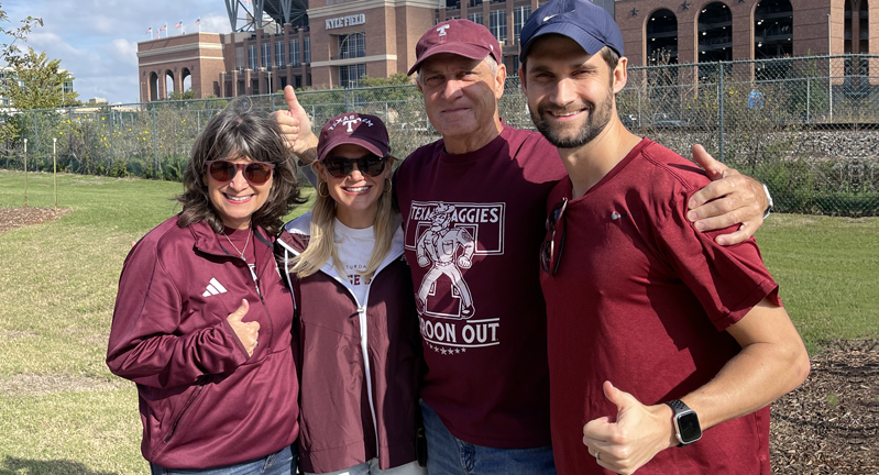 The Stone family (from left, Susan '84, Megan '12, Tommy and Zachary '15), pictured at Kyle Field on the Texas A&M University campus