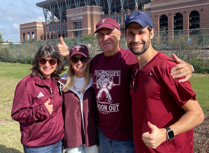 The Stone family (from left, Susan '84, Megan '12, Tommy and Zachary '15), pictured at Kyle Field on the Texas A&amp;M University campus