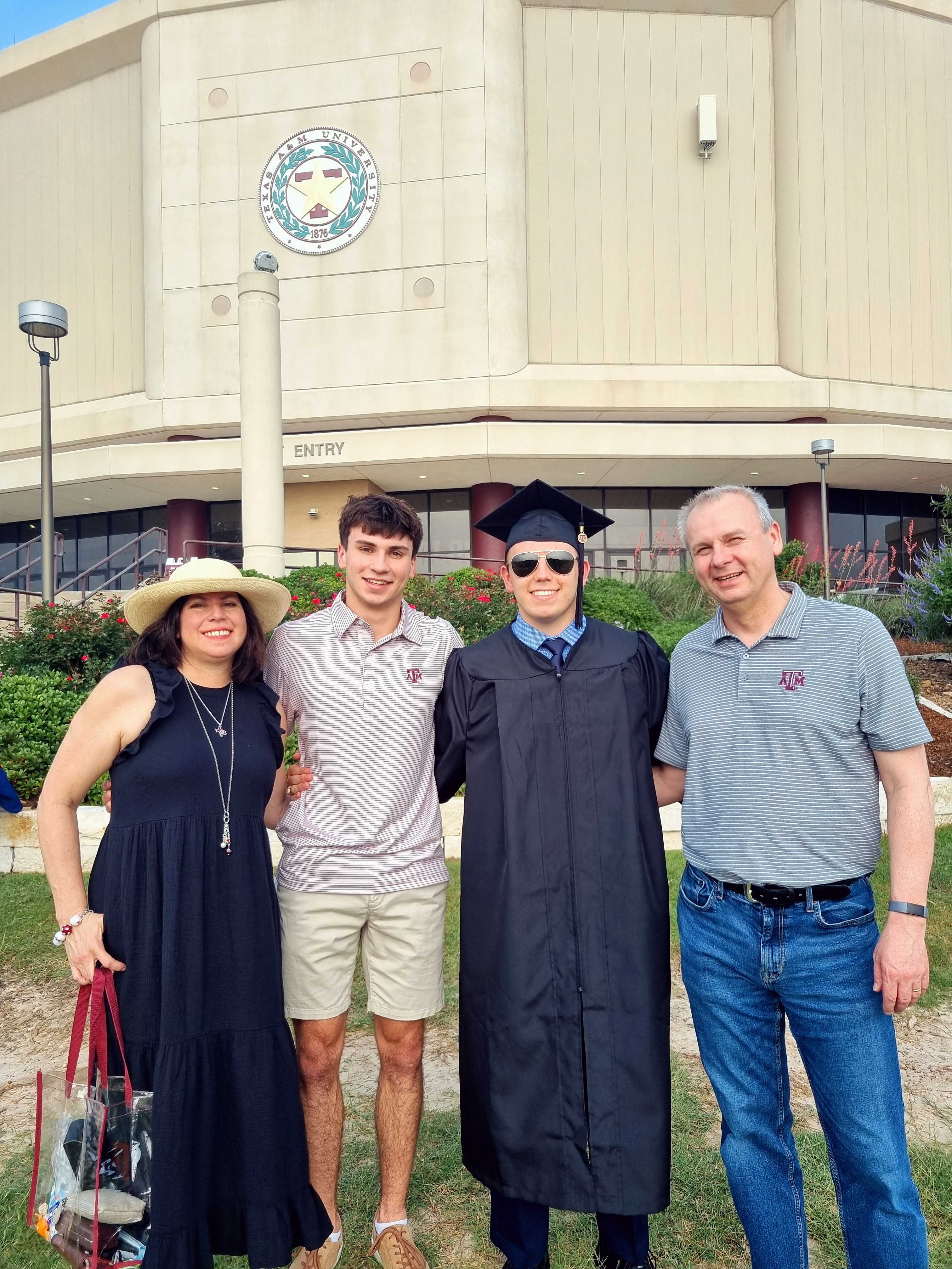 The Maaskant family poses outside Reed Arena on the Texas A&amp;M University campus in May 2024 following graduation ceremonies at which Dario Maaskant received his bachelor's degree in business management