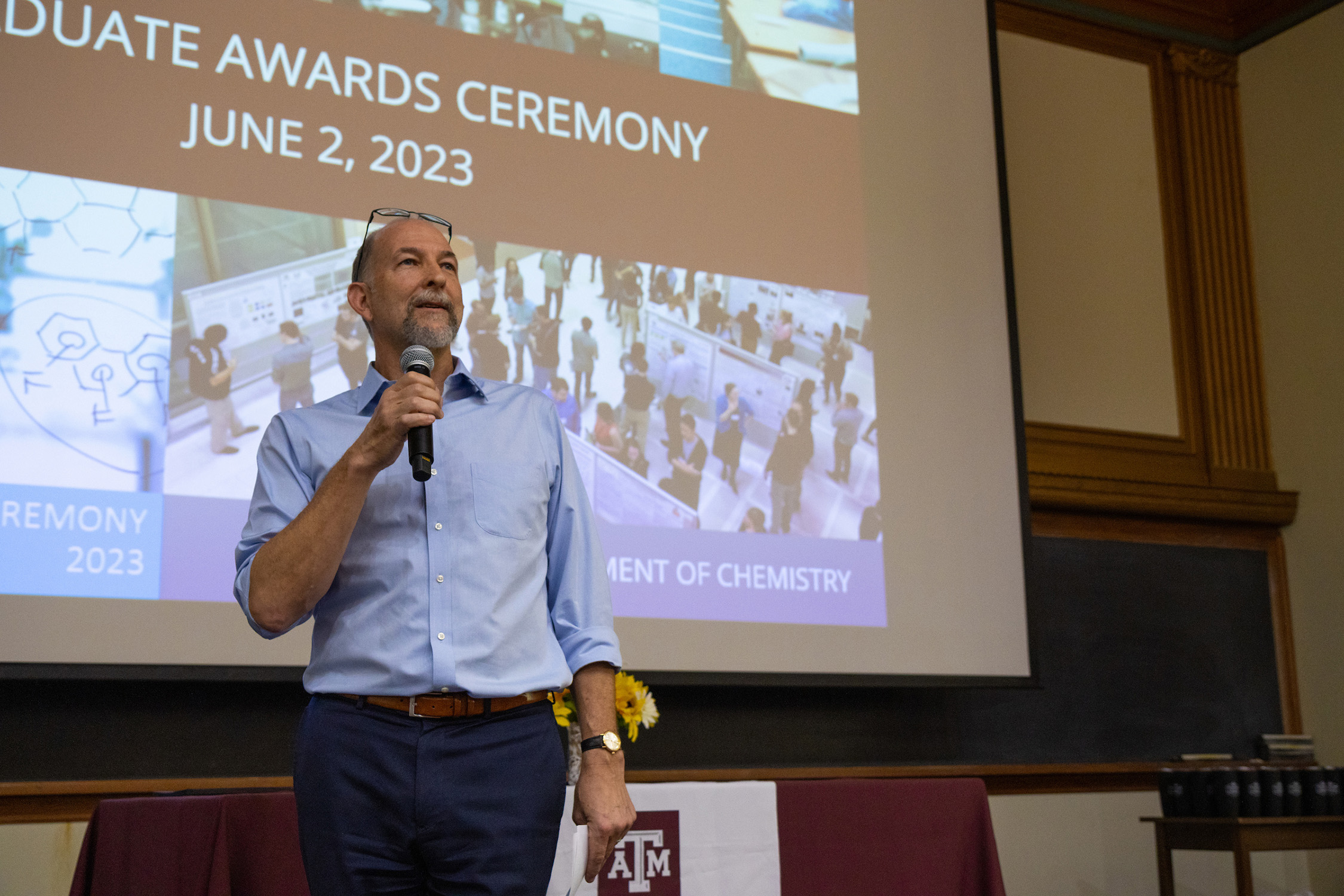 Texas A&amp;M University chemist Simon North delivers opening remarks at the 2023 Graduate Awards Symposium in Martell Hall on the Texas A&amp;M campus