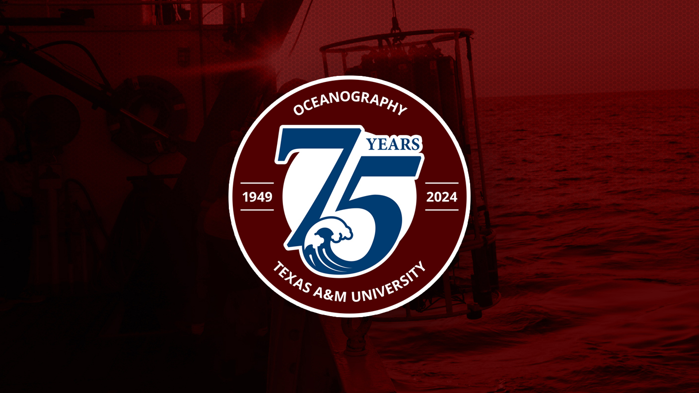 Graphic promoting the Texas A&M University Department of Oceanography's 75th anniversary featuring a related logo and a maroon overlay on an image of a research expedition vessel