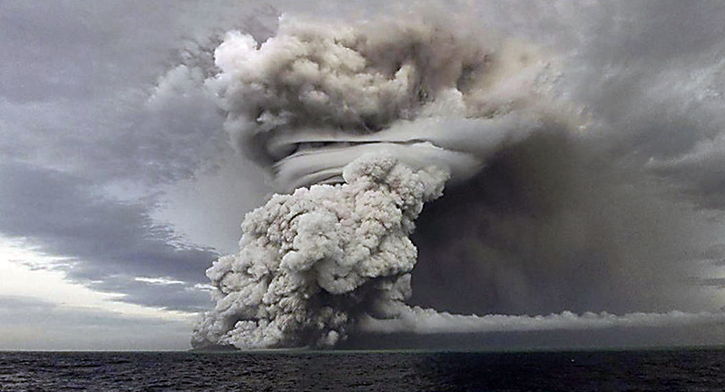 The Hunga Tonga volcano during its eruption on January 14-15, 2022