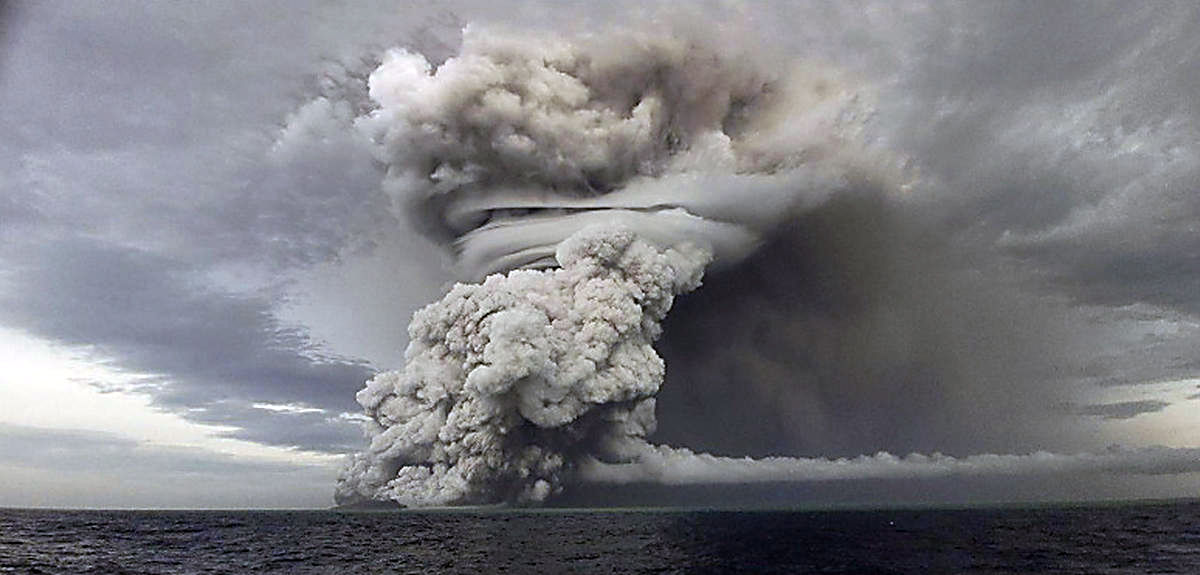 The Hunga Tonga volcano during its eruption on January 14-15, 2022