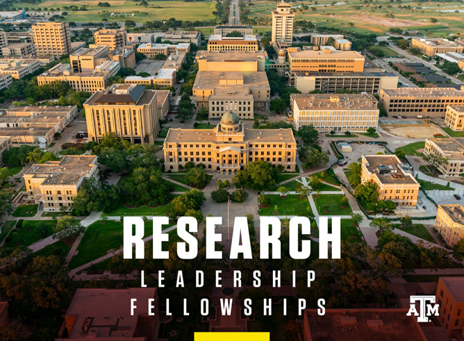 Graphic promoting Texas A&amp;M University Research Leadership Fellowships featuring an aerial image of the Texas A&amp;M campus and the text "Research Leadership Fellowships" and Texas A&amp;M logo in white