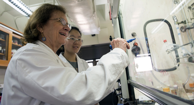 Texas A&M University chemist Marcetta Darensbourg instructs a student in her lab wearing safety goggles and a white lab coat