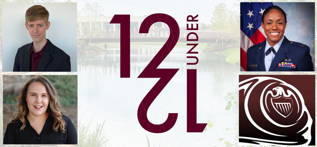 Composite graphic featuring the 12 Under 12 logo and photographs of the three 2024 recipients from the Texas A&amp;M University College of Arts and Sciences along with The Association of Former Students logo