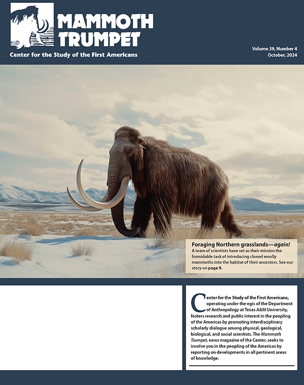 Cover of the 'Mammoth Trumpet' newsletter, Volume 33, Number 4, featuring an illustration of a woolly mammoth in a snowy landscape. Published by the Center for the Study of the First Americans at Texas A&amp;M University.