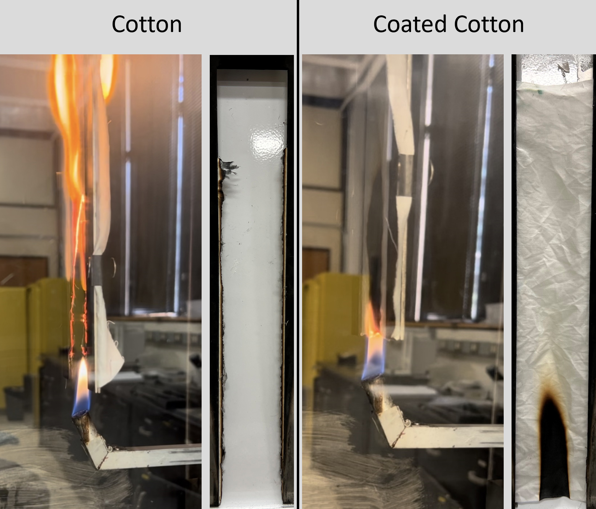 Two photos displayed side by side, one showing a piece of cotton on fire, and the other showing a piece of cotton not on fire.