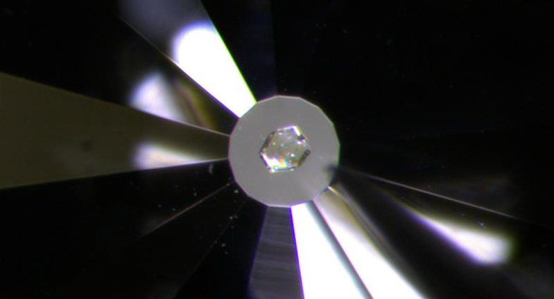 A close-up image of a diamond used to apply pressure to a crystal shown in the middle.