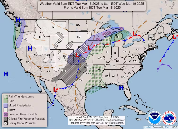 Weather map of the United States showing various weather conditions with fronts and precipitation types, valid from 8 PM EDT on March 18, 2025 to 8 AM EDT on March 19, 2025, produced by NOAA and the National Weather Service.