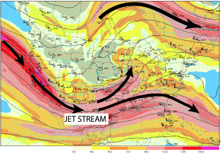 A colorful map showing the path of the jet stream over a geographical area with arrows indicating the direction of movement. Various shades represent different wind speeds. The words "JET STREAM" prominently displayed in the center.