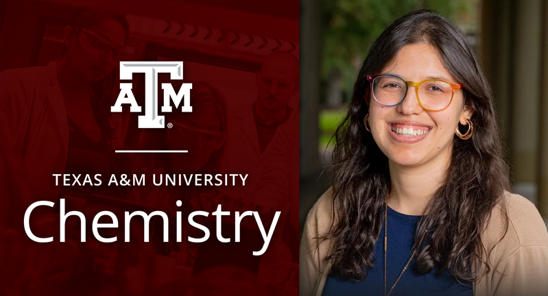 Portrait of a smiling Dr. Samantha Yruegas with glasses, standing in front of a blurred background on the right. On the left, there's a graphic with the Texas A&amp;M University Chemistry logo on a maroon background.