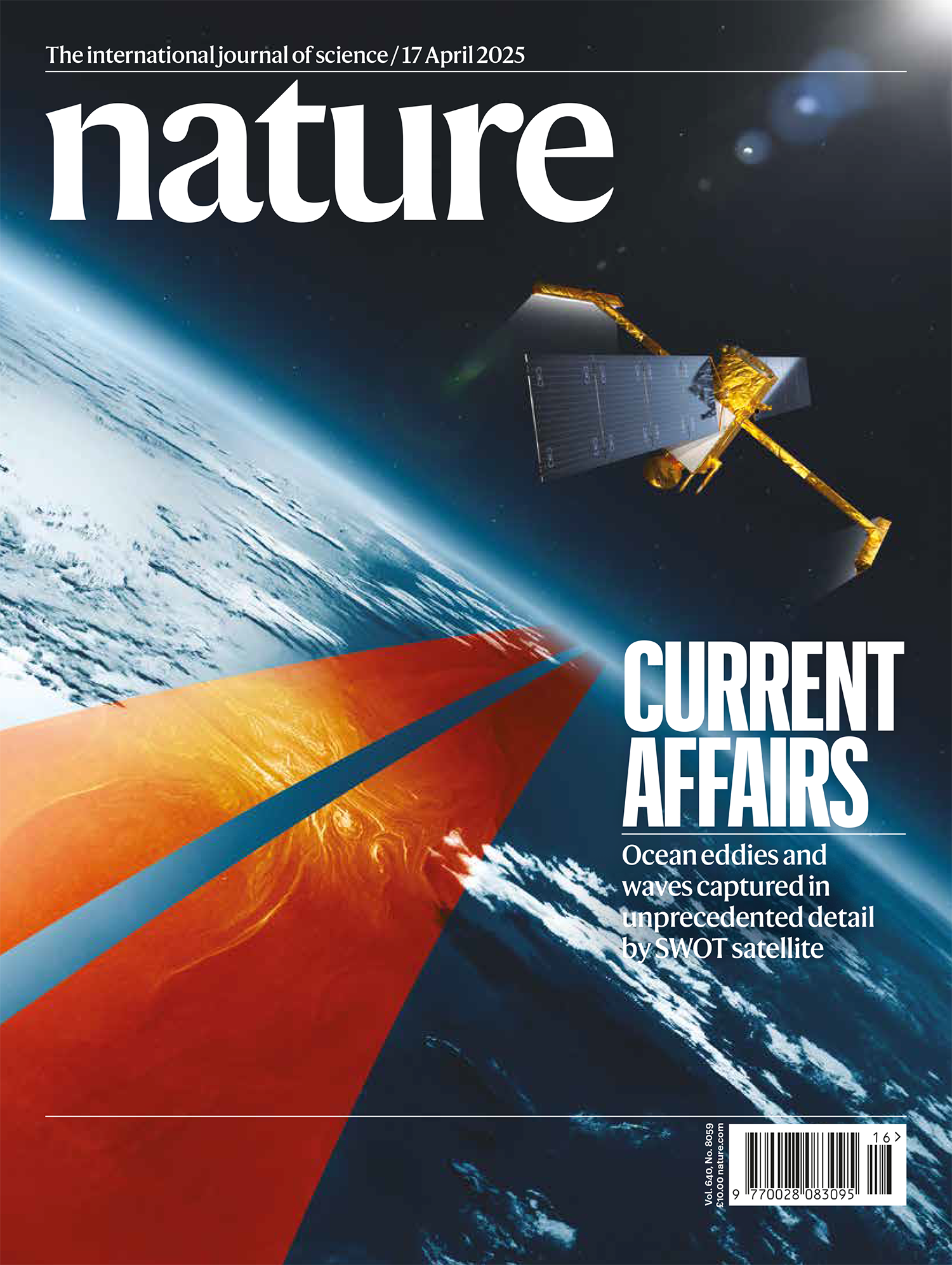 Cover of 'Nature' magazine dated 17 April 2025 featuring an image of Earth from space with a prominent view of a satellite and the sun. The headline 'CURRENT AFFAIRS' is displayed, along with a caption about ocean eddies captured in unprecedented detail by SWOT satellite.