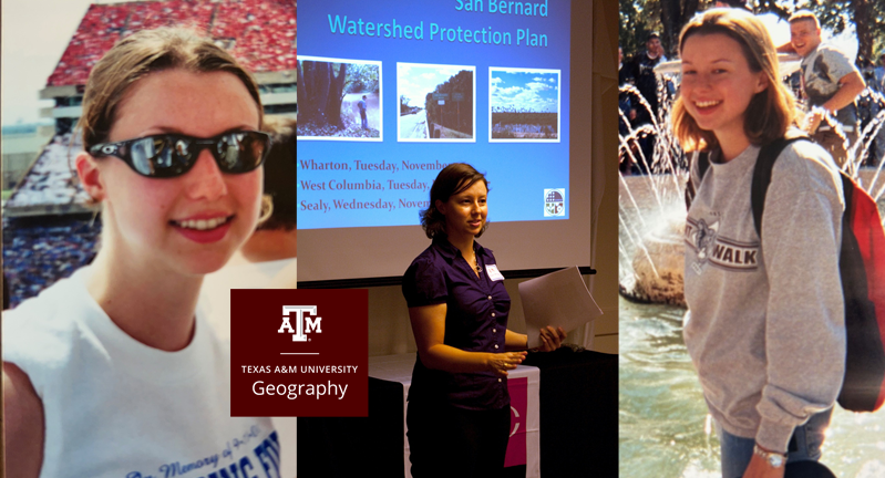 Collage featuring three images: Aubin Phillips smiling at Texas A&amp;M Elephant Walk, another of Aubin giving a presentationr, and a close-up of a Aubin at the 2001 Red, White, &amp; Blue Out game in 2001.