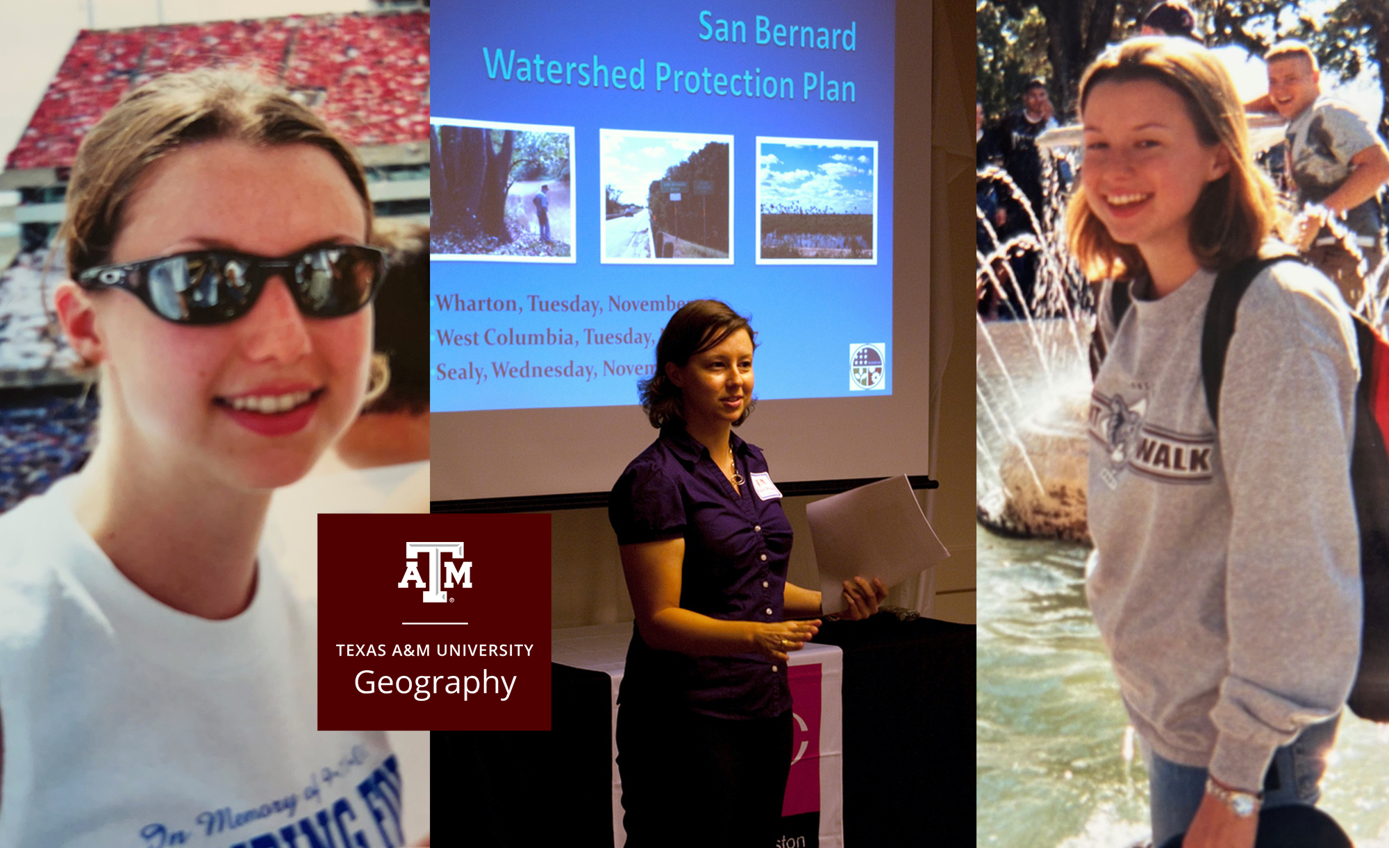 Collage featuring three images: Aubin Phillips smiling at Texas A&M Elephant Walk, another of Aubin giving a presentationr, and a close-up of a Aubin at the 2001 Red, White, & Blue Out game in 2001.