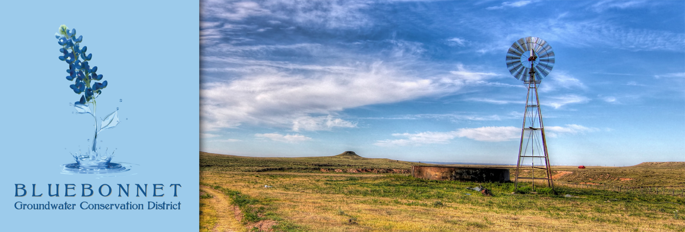 Logo of the Bluebonnet Groundwater Conservation District next to a scenic image of a windmill and flat landscape under a vast, cloud-streaked sky.