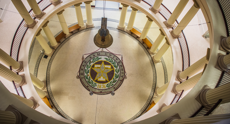 Overhead view of a rotunda floor with Texas A&amp;M University seal, surrounded by columns.