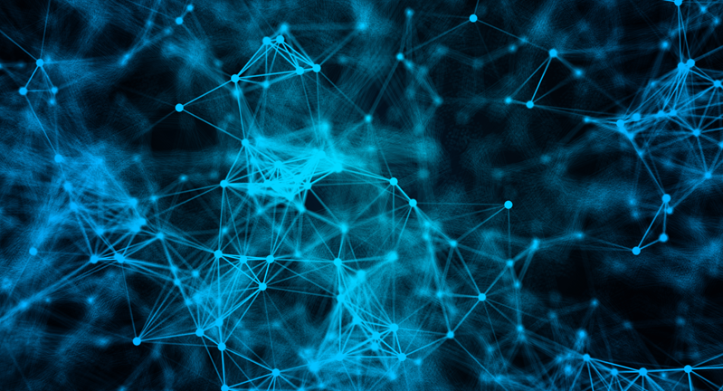 Abstract digital network connections with nodes and lines on a dark blue background, simulating a technology or data concept.