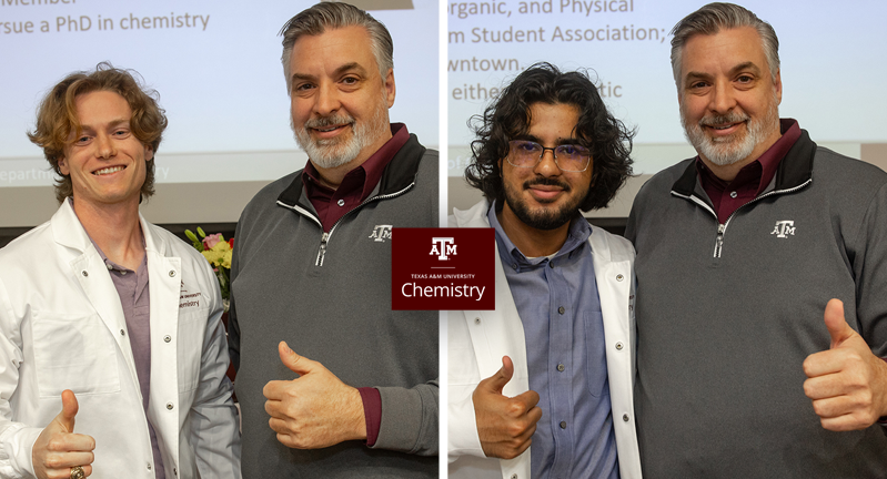 Split screen: Ryan O'Shea (left) and Saim Waheed (right) each give a thumbs up alongside Chemistry Department Head Lane Baker.