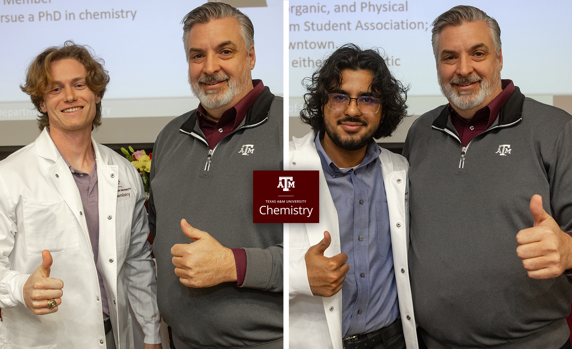 Split screen: Ryan O'Shea (left) and Saim Waheed (right) each give a thumbs up alongside Chemistry Department Head Lane Baker.