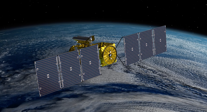An illustration of the Jason-3 satellite orbiting above Earth, with detailed solar panels extended on either side.