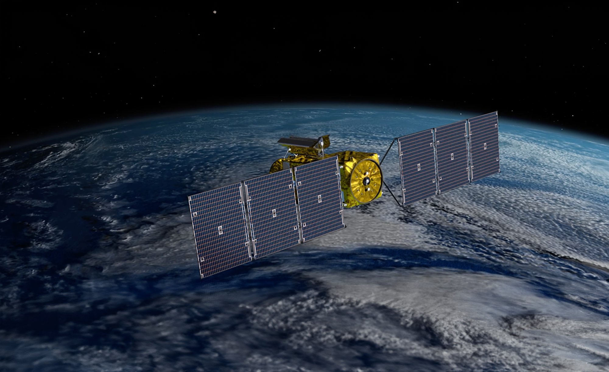 An illustration of the Jason-3 satellite orbiting above Earth, with detailed solar panels extended on either side.