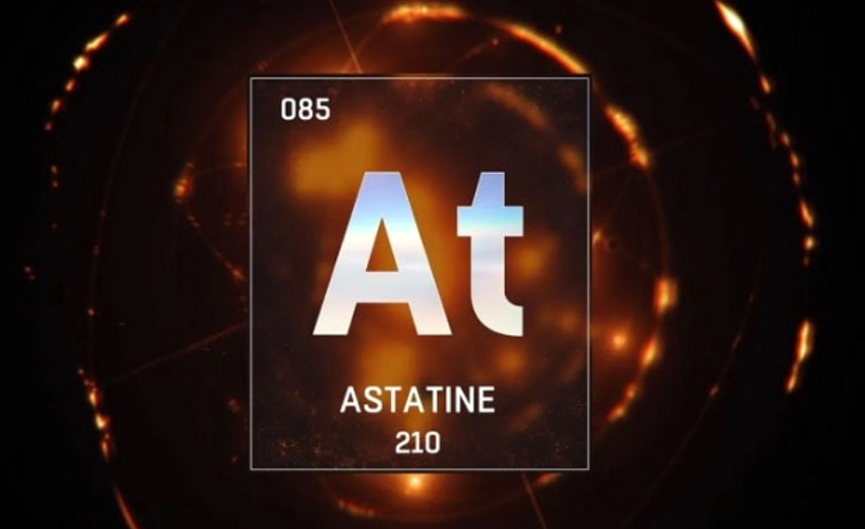 Stylized periodic table element Astatine with the symbol "At," atomic number 85, and atomic mass 210 on a glowing dark orange abstract background.