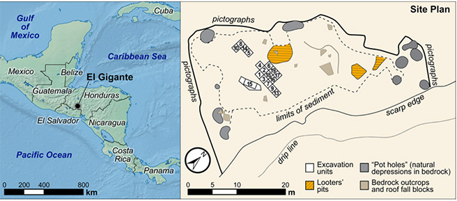 Map depicting the location of El Gigante in Honduras, Central America, near the Caribbean Sea and Gulf of Mexico, alongside a detailed site plan of El Gigante rockshelter showing areas of excavation, bedrock outcrops, looters' pits, and pictographs.