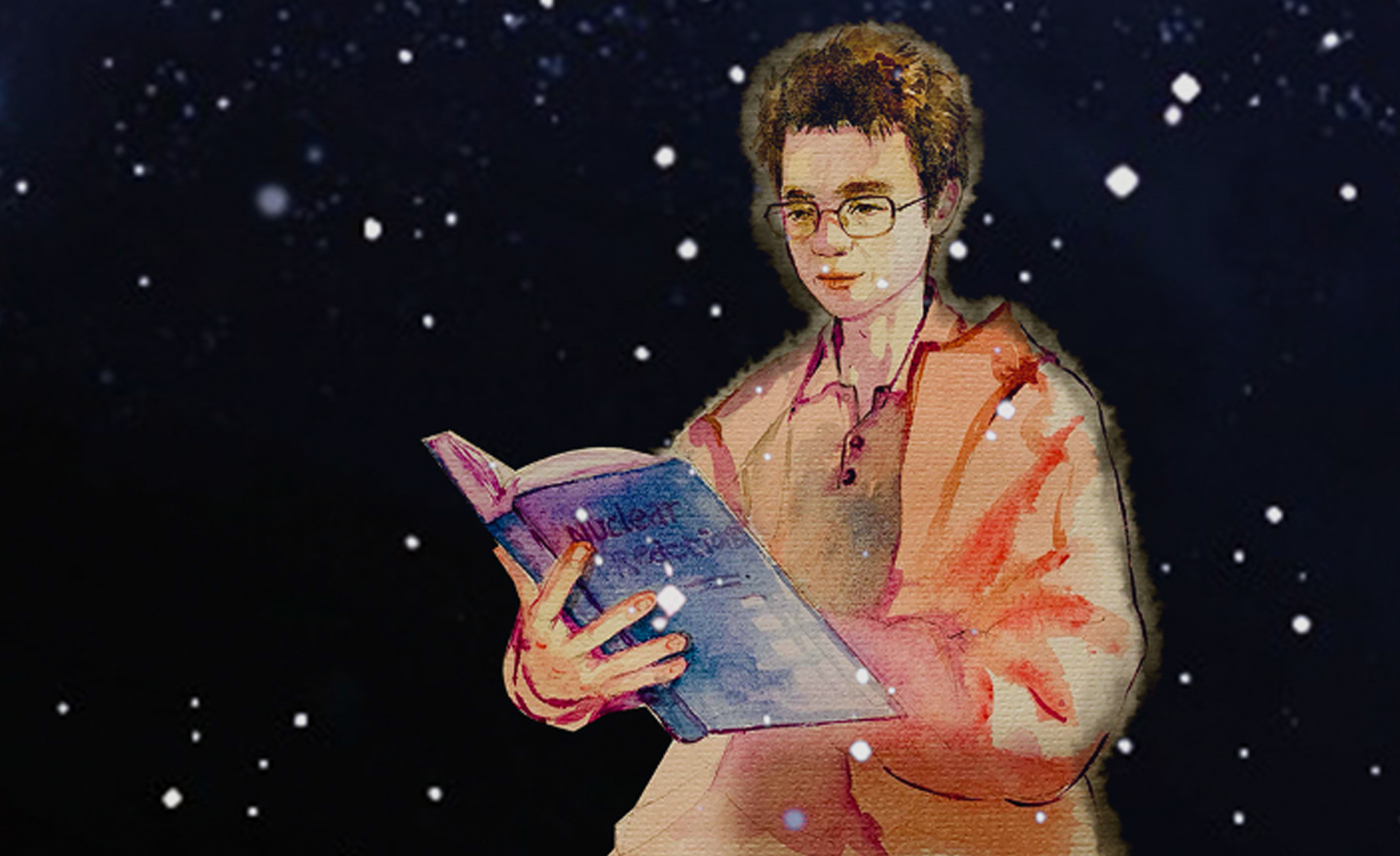 Composite image featuring a watercolor illustration of a young Texas A&M University physicist Baishan Hu, holding and reading an open book titled “Nuclear Reactions” against a cosmic background dotted with distant stars and galaxies.