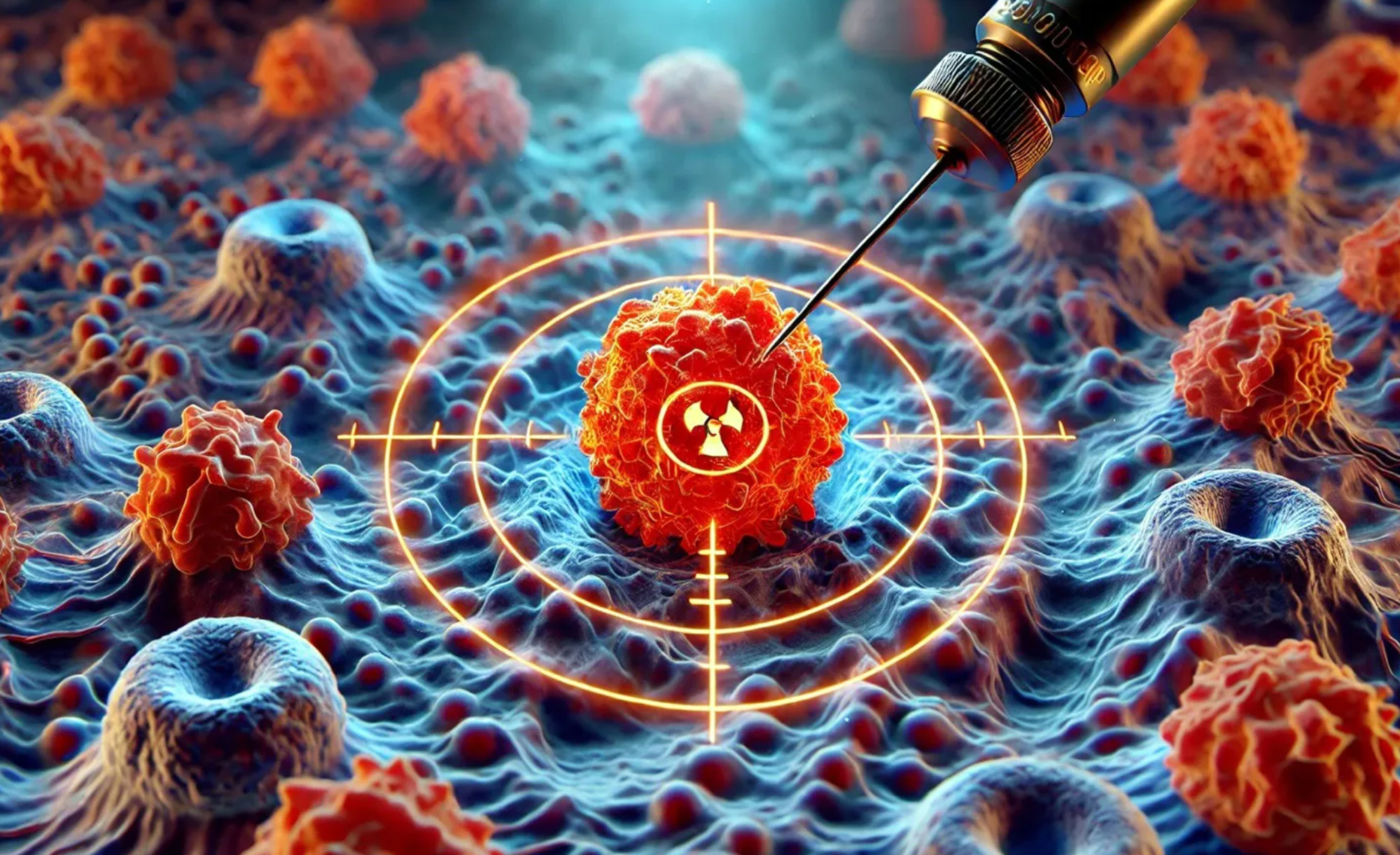 Artistic concept depicting a syringe targeting a cancer cell that is marked with a glowing crosshair and nuclear symbol amid a blue and red cellular landscape.