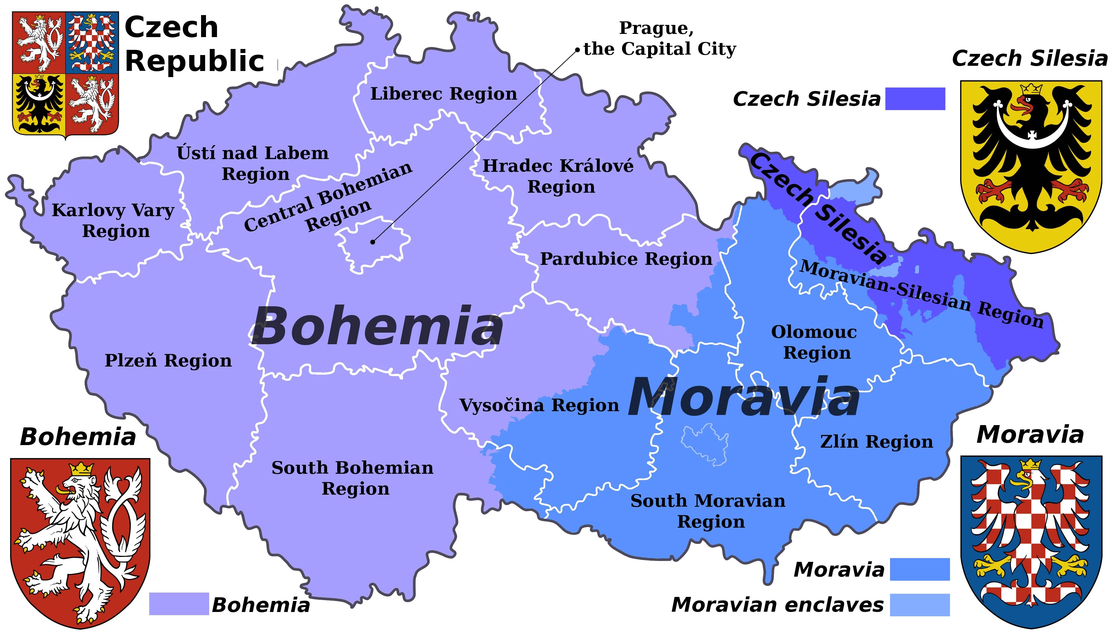 Map of the Czech Republic divided into regions, highlighting Bohemia in the west and Moravia in the east. Prague is marked as the capital city. The map shows Czech Silesia to the northeast and Moravian enclaves in eastern Bohemia. Accompanying are the coats of arms for Czech Republic, Bohemia, Moravia, and Czech Silesia.