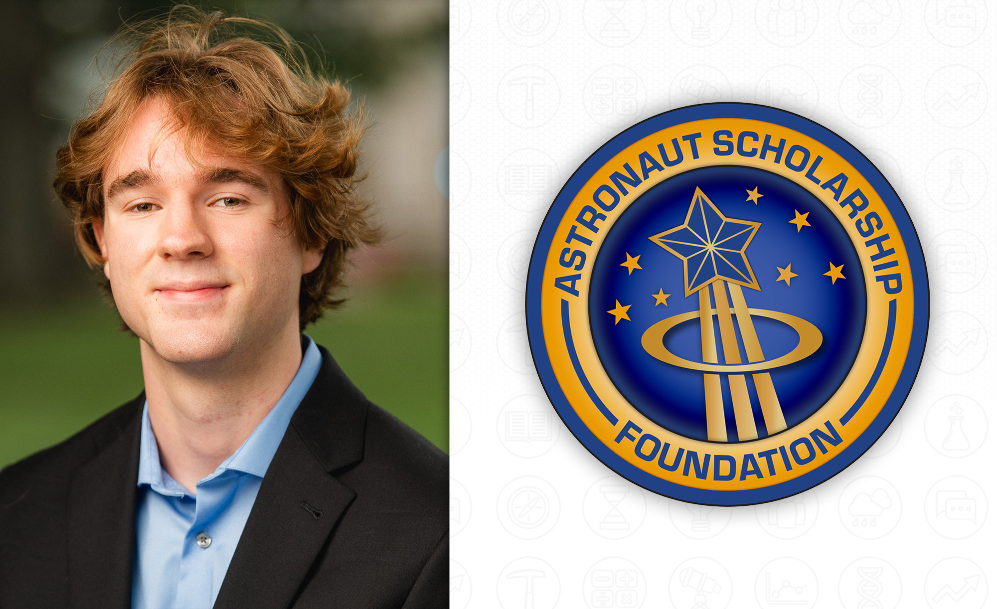 Portrait of a person with shoulder-length curly hair, smiling, wearing a dark blazer, next to the logo of the Astronaut Scholarship Foundation featuring a star and orbital rings.